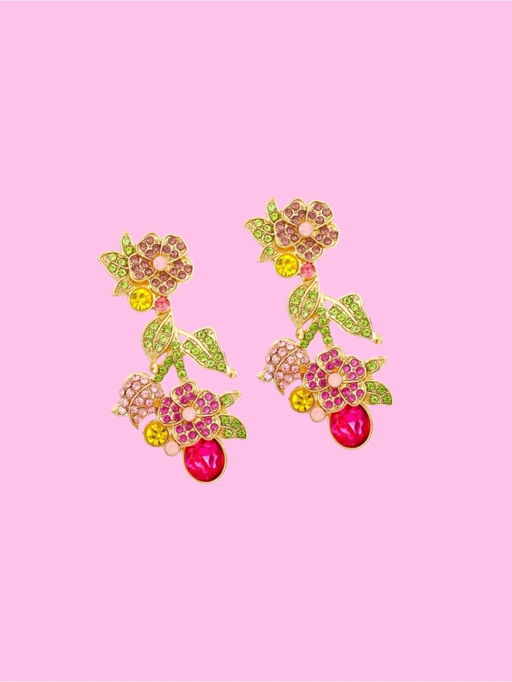 Leaf & Flower Stud Dangle Earrings Shiny Mixed Color Crystal - Picture 3 of 6